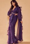 FANCY STAR GEORGETTE WITH FRILL WORK READY TO WEAR SAREE WITH STITCHED BLOUSE  WINE