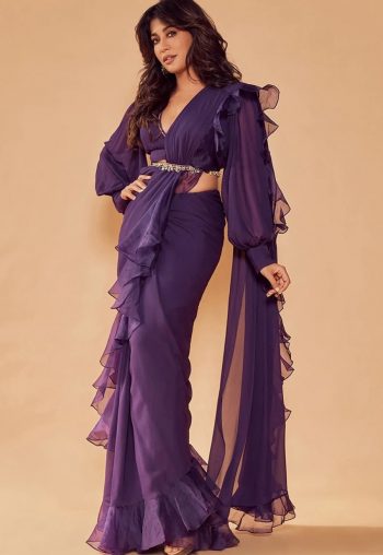 FANCY STAR GEORGETTE WITH FRILL WORK READY TO WEAR SAREE WITH STITCHED BLOUSE  WINE