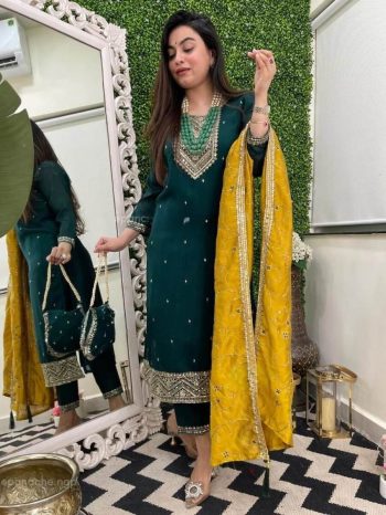 FANCY VICHITRA SILK EMBROIDERY CODING WORK TOP BOTTOM WITH DUPATTA GREEN