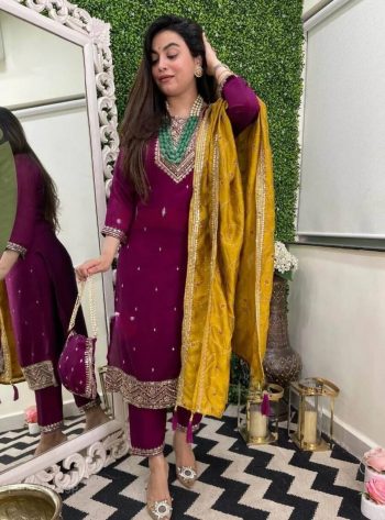 FANCY VICHITRA SILK EMBROIDERY CODING WORK TOP BOTTOM WITH DUPATTA WINE