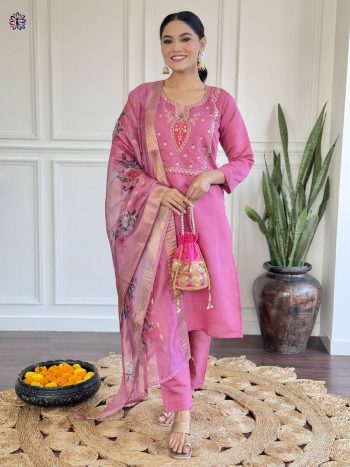 FANCY VISCOSE CHANDERI EMBROIDERY WORK TOP BOTTOM WITH DUPATTA PINK