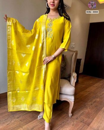 FANCY VISCOSE CHANDERI SILK EMBROIDREY WORK TOP BOTTOM WITH DUPATTA YELLOW
