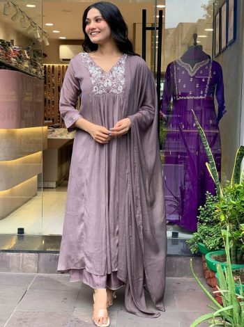 FANCY VISCOSE CHINON SEQUENCE CODING EMBROIDERY WORK TOP BOTTOM WITH DUPATTA LAVENDER