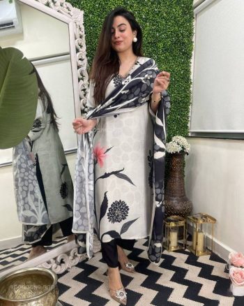 FANCY VISCOSE RAYON PRINTED TOP BOTTOM WITH DUPATTA OFF WHITE
