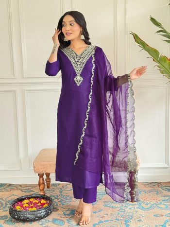 FANCY VISCOSE RAYON SEQUENCE CODING EMBROIDERY WORK TOP BOTTOM WITH DUPATTA PURPLE