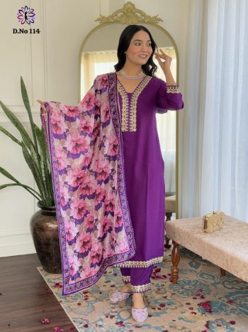 FANCY VISCOSE SLUB EMBROIDERY CODING WORK TOP BOTTOM WITH DUPATTA PURPLE