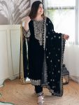 FANCY VISCOSE VELVET EMBROIDERY SEQUENCE WORK TOP BOTTOM WITH DUPATTA BLACK