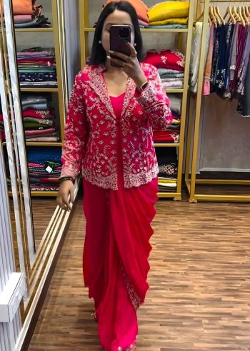 FASHIONABLE CHINON SILK EMBROIDERY WORK READY TO WEAR SAREE BLOUSE WITH JACKET RANI