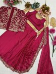 FASHIONABLE CHINON SILK EMBROIDERY WORK READY TO WEAR SAREE BLOUSE WITH JACKET PARTY WEAR WHOLESALE PRICE ETHNIC GARMENT (7)