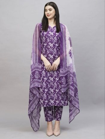 FASHIONABLE COTTON BLEND PRINTED TOP BOTTOM WITH DUPATTA PURPLE