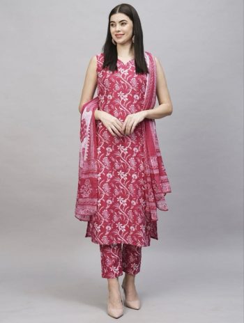 FASHIONABLE COTTON BLEND PRINTED TOP BOTTOM WITH DUPATTA PINK