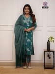 FASHIONABLE COTTON PRINTED EMBROIDERY WORK TOP BOTTOM WITH DUPATTA GREEN
