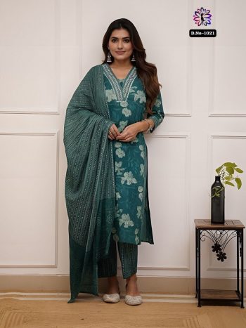 FASHIONABLE COTTON PRINTED EMBROIDERY WORK TOP BOTTOM WITH DUPATTA GREEN