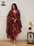 FASHIONABLE COTTON PRINTED EMBROIDERY WORK TOP BOTTOM WITH DUPATTA MAROON