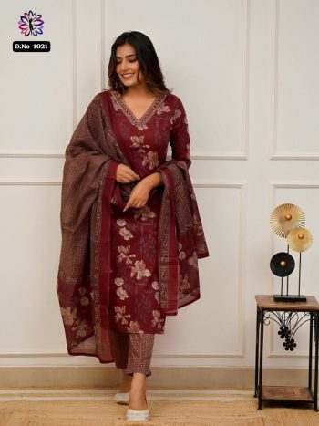 FASHIONABLE COTTON PRINTED EMBROIDERY WORK TOP BOTTOM WITH DUPATTA MAROON