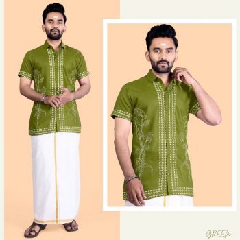 FASHIONABLE COTTON RUBI SLUB EMBROIDERY WORK MEN'S SHIRT MEHNDI