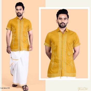 FASHIONABLE COTTON RUBI SLUB EMBROIDERY WORK MEN'S SHIRT YELLOW