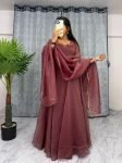 FASHIONABLE CRUSH HAND WORK ON NECK PLAIN GOWN WITH LACE WORK DUPATTA PEACH