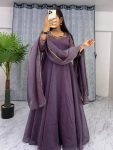 FASHIONABLE CRUSH HAND WORK ON NECK PLAIN GOWN WITH LACE WORK DUPATTA LAVENDER