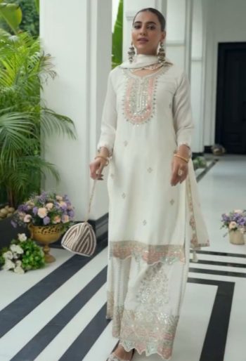 FASHIONABLE GEORGETTE EMBROIDERY CODING SEQUENCE WORK TOP PALAZZO WITH DUPATTA WHITE