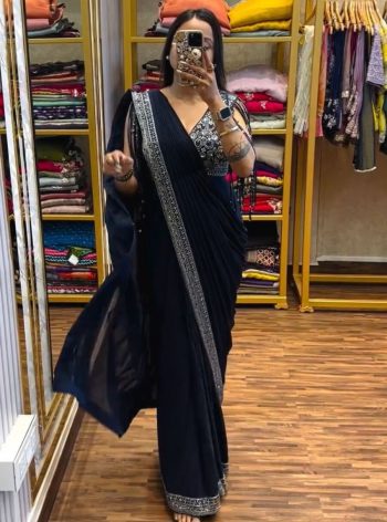 FASHIONABLE GEORGETTE EMBROIDERY LACE WORK READY TO WEAR SAREE WITH STITCHED BLOUSE AND BELT RAMA