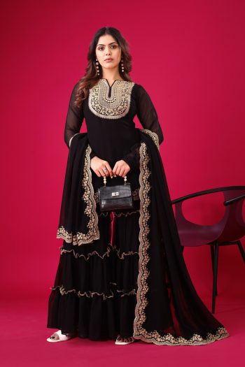 FASHIONABLE GEORGETTE EMBROIDERY SEQUENCE THREAD WORK TOP SHARARA WITH DUPATTA BLACK