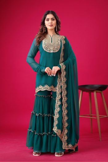 FASHIONABLE GEORGETTE EMBROIDERY SEQUENCE THREAD WORK TOP SHARARA WITH DUPATTA WINE  RAMA