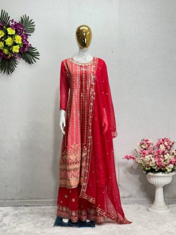 FASHIONABLE GEORGETTE EMBROIDERY SEQUENCE WORK TOP PALAZZO WITH DUPATTA RED