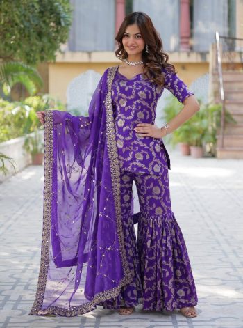 FASHIONABLE GEORGETTE JACQUARD EMBROIDERY WORK TOP SHARARA WITH DUPATTA PURPLE