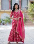 FASHIONABLE GEORGETTE JACQUARD EMBROIDERY WORK TOP SHARARA WITH DUPATTA PINK