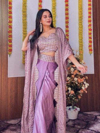 FASHIONABLE KASTURI SILK EMBROIDERY SEQUENCE WORK DRAPE SKIRT BLOUSE WITH DUPATTA PINK