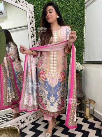 FASHIONABLE MUSLIN COTTOM DIGITAL PRINTED WITH MIRROR AND DIAMOND HANDWORK TOP BOTTOM WITH DUPATTA  BABY PINK