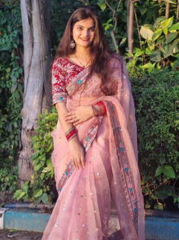 FASHIONABLE ORGANZA SEQUENCE EMBROIDERY LACE WORK SAREE WITH UNSTITCHED BLOUSE PINK
