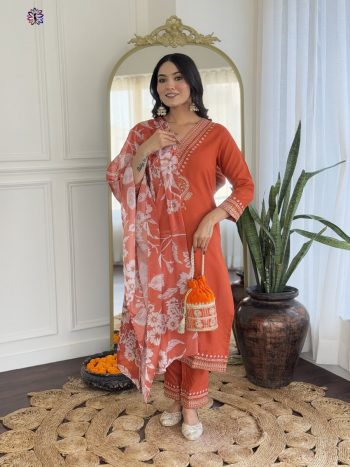 FASHIONABLE RAYON EMBROIDERY WORK TOP BOTTOM WITH DUPATTA ORANGE