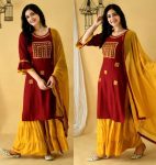 FASHIONABLE RAYON  EMBROIDERY WORK TOP SHARARA WITH DUPATTA MAROON