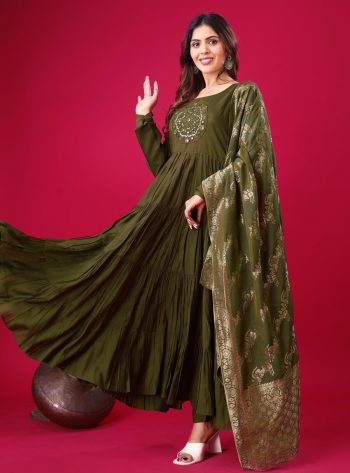 FASHIONABLE ROMAN SILK EMBROIDERY SEQUENCE WORK GOWN BOTTOM WITH DUPATTA  MEHNDI