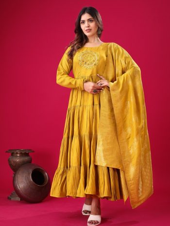 FASHIONABLE ROMAN SILK EMBROIDERY SEQUENCE WORK GOWN BOTTOM WITH DUPATTA YELLOW