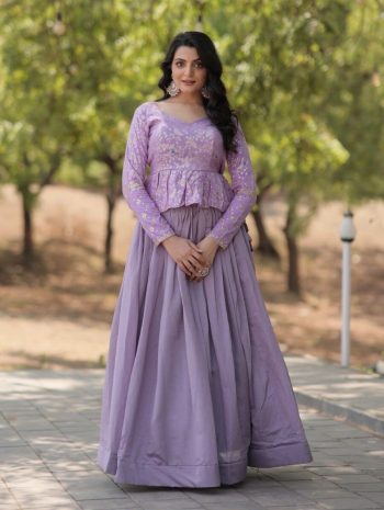 FASHIONABLE SHIMMER VICHITRA SILK PLAIN LEHENGA WITH JACQUARD EMBROIDERY SEQUENCE WORK TOP LAVENDER
