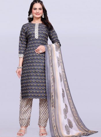 FASHIONABLE SOFT COTTON PRINTED WORK TOP BOTTOM WITH DUPATTA BLACK