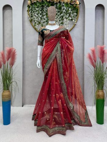 FASHIONABLE TWILL NET THREAD SEQUENCE WORK SAREE WITH UNSTITCHED BLOUSE GAJRI