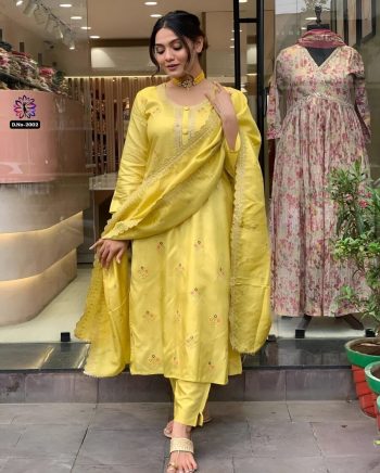 FASHIONABLE VISCOSE JACQUARD EMBROIDERY WORK TOP BOTTOM WITH DUPATTA YELLOW
