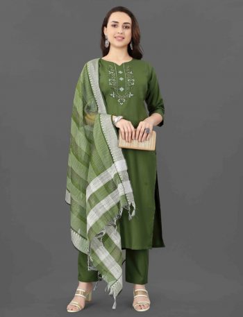 FORMAL WEAR COTTON EMBROIDERY WORK TOP BOTTOM WITH DUPATTA MEHNDI