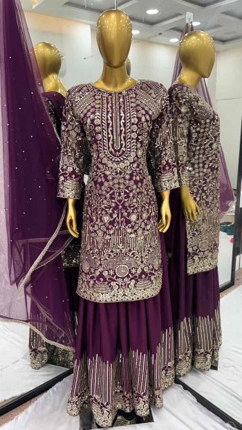 LATEST CHINON SILK EMBROIDERY SEQUENCE AND MOTI WORK TOP PALAZZO WITH DUPATTA WINE