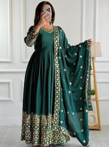 LATEST CHINON SILK EMBROIDERY SEQUENCE WORK GOWN BOTTOM WITH DUPATTA GREEN