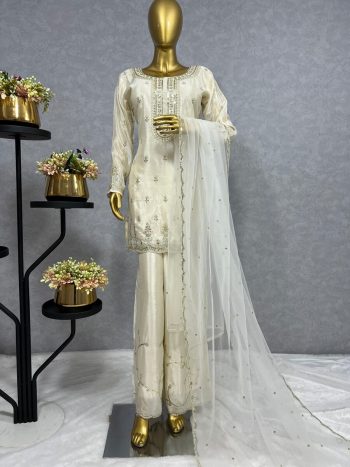 LATEST CHINON SILK EMBROIDERY SEQUENCE WORK TOP PALAZZO WITH DUPATTA WHITE