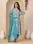 LATEST COTTON SOFT MUSLIN DIGITAL PRINTED WITH EMBROIDERY THREAD WORK AND LACE BORDER WORK GOWN BOTTOM WITH DUPATTA SKY