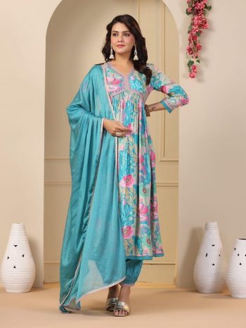LATEST COTTON SOFT MUSLIN DIGITAL PRINTED WITH EMBROIDERY THREAD WORK AND LACE BORDER WORK GOWN BOTTOM WITH DUPATTA SKY