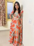 LATEST GEORGETTE DIGITAL PRINTED LEHENGA SAREE WITH ATTACHED DUPATTA STITCHED BLOUSE AND EMBROIDED WAIST BELT ORANGE