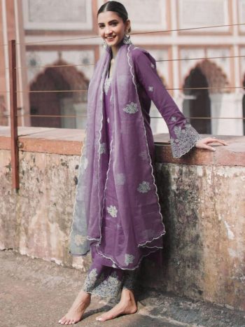 LATEST VISCOSE CHANDERI EMBROIDERY WORK TOP BOTTOM WITH DUPATTA LAVENDER