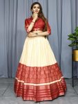 LATETS DOLA SILK PRINTS WITH WEAVING BORDER WORK LEHENGA CHOLI  MARRON